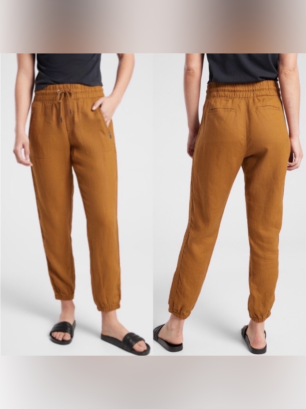 Athleta Cabo Linen Jogger Toasted Ochre Brown Mustard Zip Pockets, Size 10